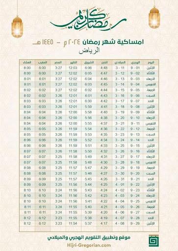 امساكية رمضان في السعودية 1445- 2024 في جميع